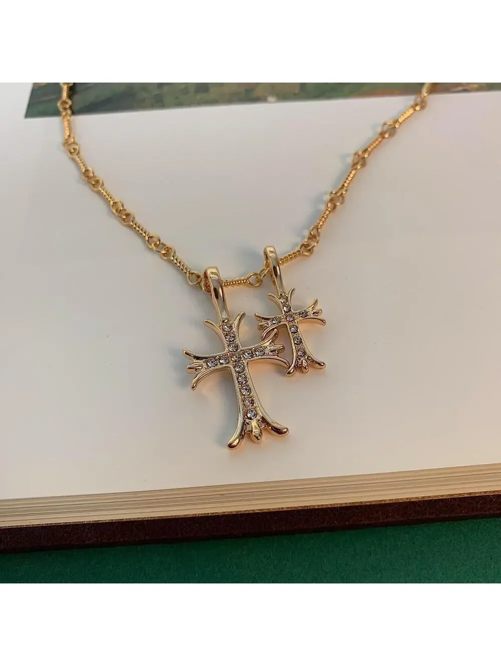 Vintage y2k 2000s style Double Cross Rhinestone Gold Necklace. Rhinestone